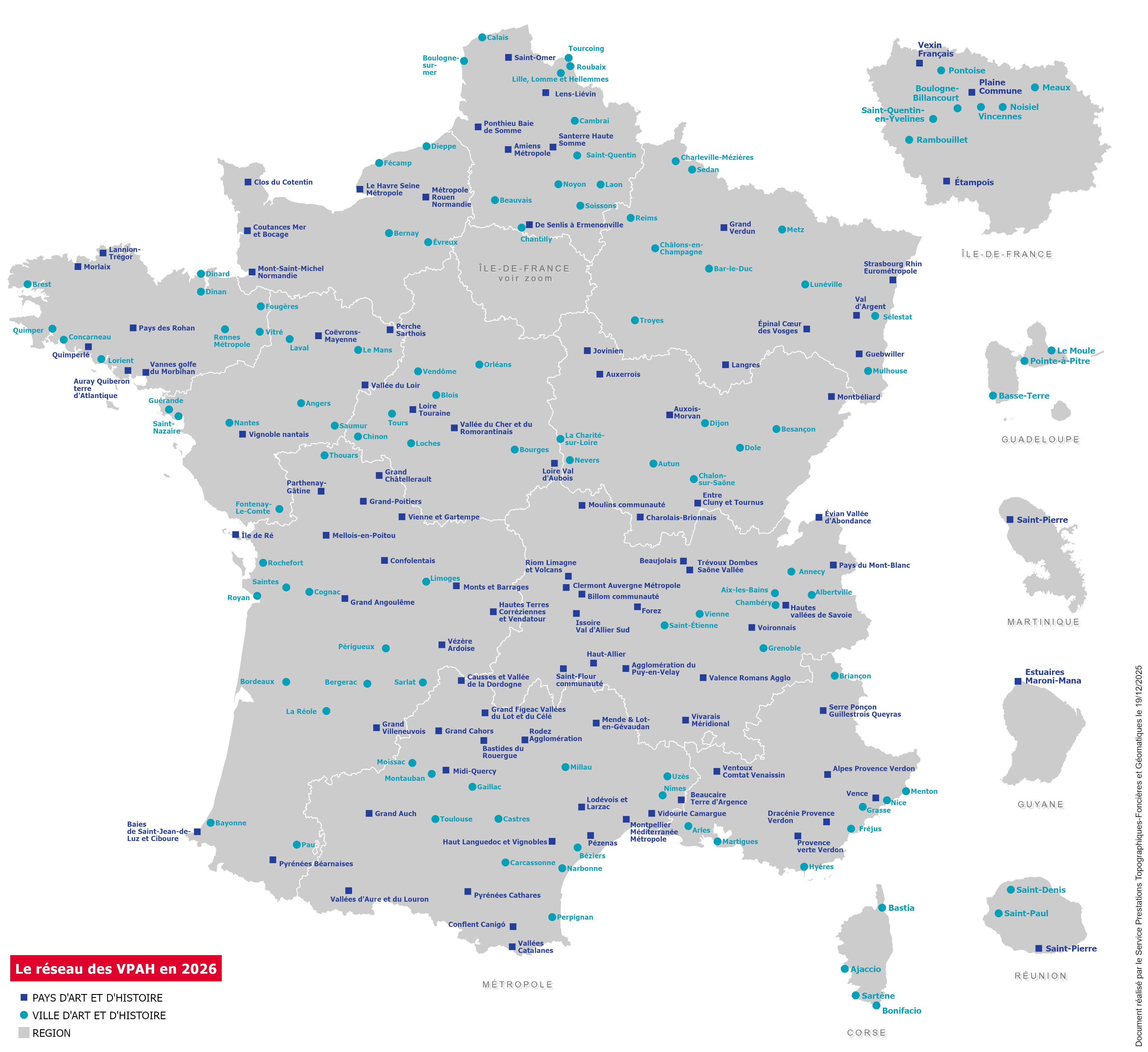 Carte du réseau Ville et Pays d'art et d'histoire 2025